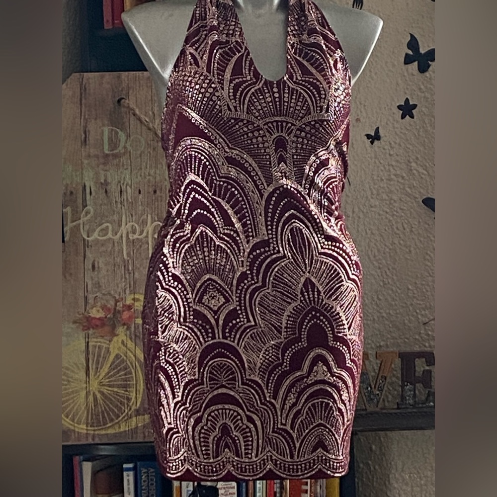 Burgundy, Glitter, medallion pattern, sexy, dress